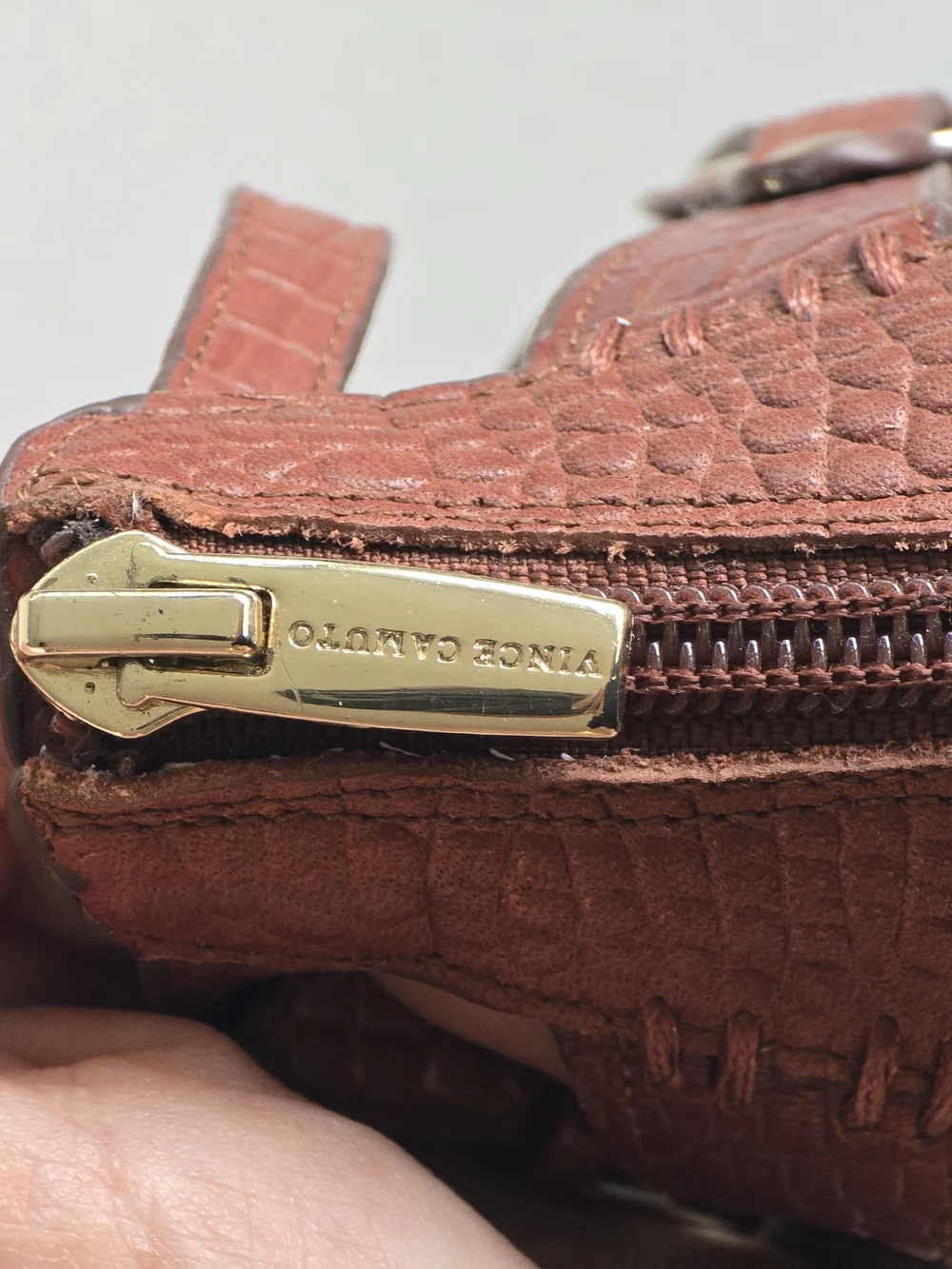Vince Camuto | Averie Warm Brown Croc-Embossed Sandals with Gold Accents